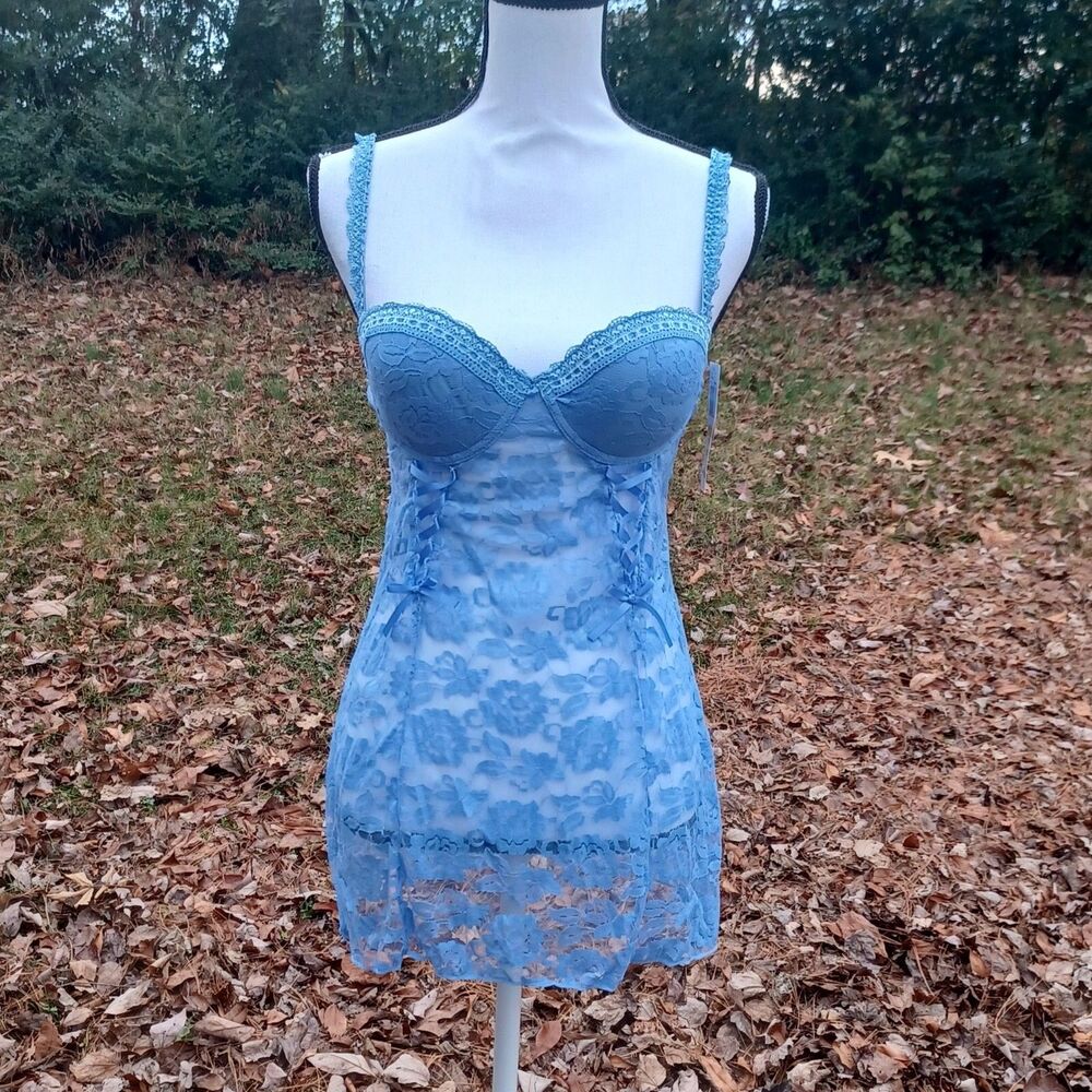 Cassandra Womens Size M Blue Lace Floral 2 Piece Nightie Thong Lingerie Set NWT